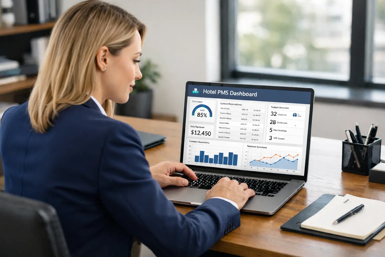 Otel yönetim sistemi PMS kullanan resepsiyonist